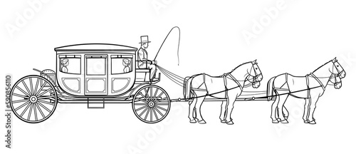 Elegant carriage wagon with four horses - vector stock illustration.