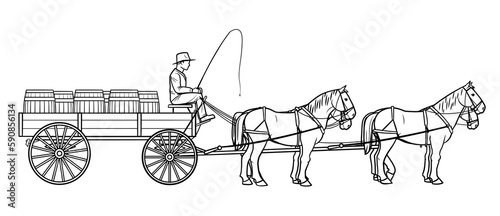 Open cargo wagon with four horses - vector stock illustration.