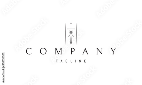 Vector logo on which an abstract image of a sword with runes in a linear style.