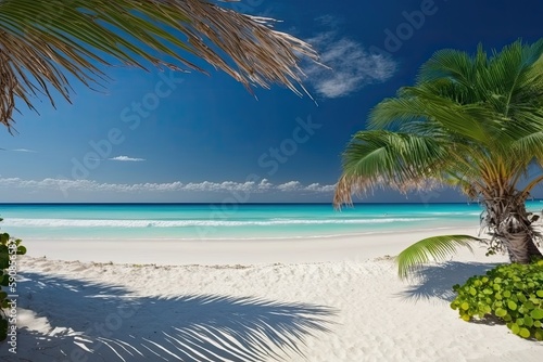 serene tropical beach with a single palm tree and crystal clear blue water. Generative AI