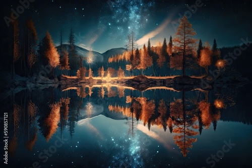 peaceful night scene with a calm lake and trees under a starry sky. Generative AI