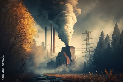 Chimney with smoke, pollution , blue sky, 