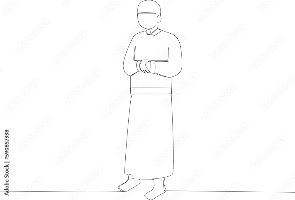 A man praying with his arms folded. Sholat one-line drawing A man praying with his arms folded. Sholat one-line drawing