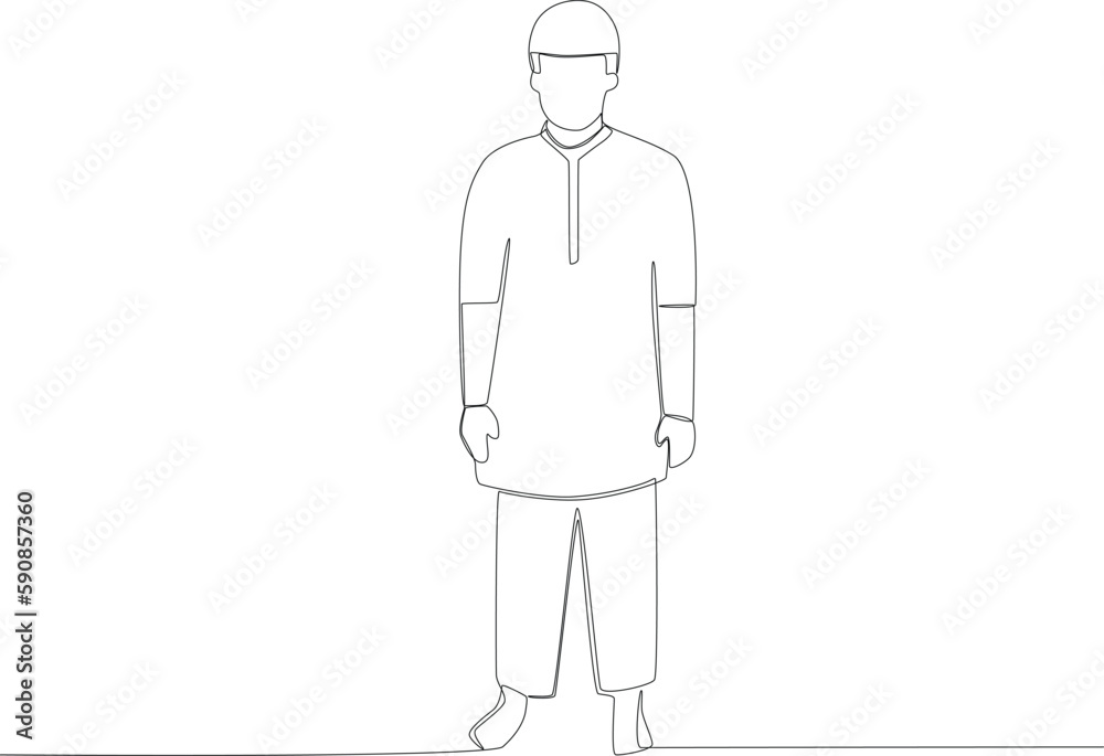 A man prepares to start praying. Sholat one-line drawing A man prepares to start praying. Sholat one-line drawing