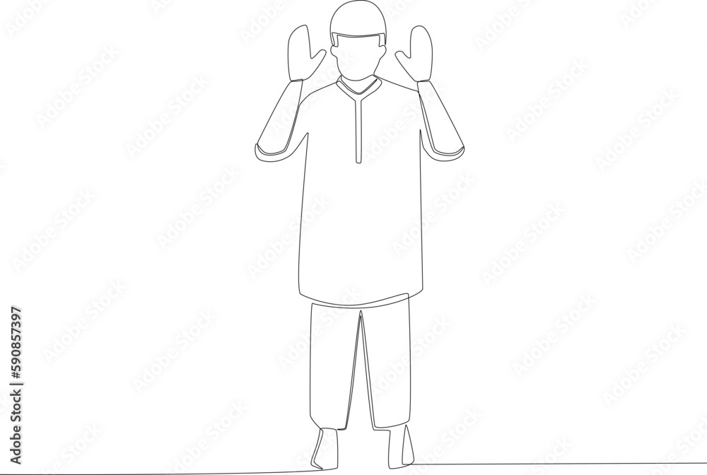 A man performing the opening laudation of the prayer movement. Sholat one-line drawing