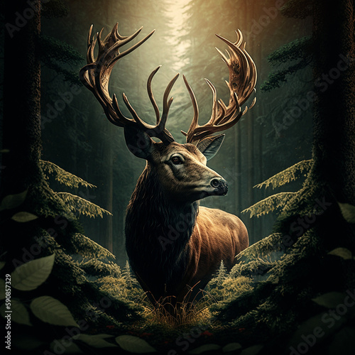 Superb deer stag with great antlers in pose in the forest made with generative AI photo