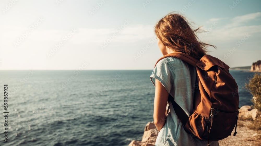 Young woman with backpack looking at the sea. Generative AI