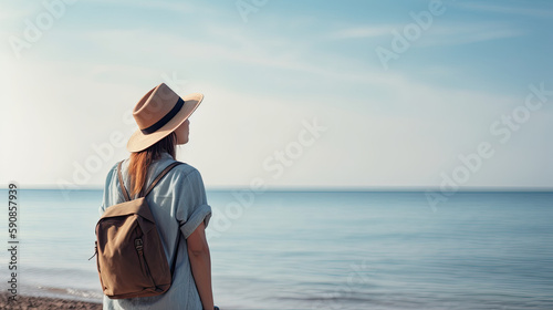 Young woman with backpack looking at the sea. Generative AI