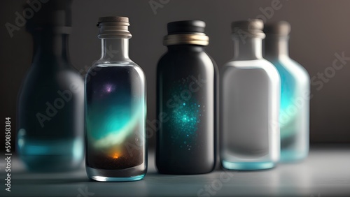 Space in a bottle. A beautiful scene of a bottle and the space objects inside. Abstraction, illustration.