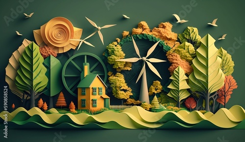 Abstract background with landscape green energy in autumn  nature  fresh air and eco world in paper art and craft design concept.  Created using generative AI.
