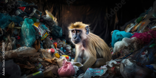 Mono hambriento en un vertedero de basura comiendo plásticos, creado con IA generativa photo