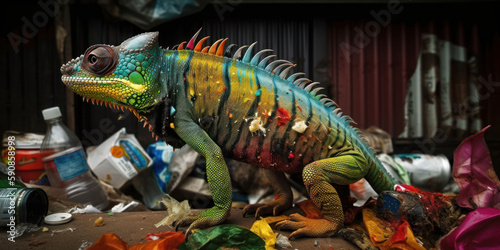 Camaleón lleno de basura en un vertedero, animal salvaje en peligro, emergencia climática, contaminación medio ambiental, creado con IA generativa photo