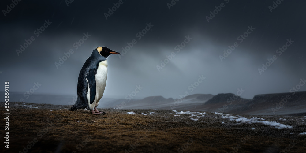 Fototapeta premium pingüino emperador caminando por un terreno derretido, animal en peligro de extinción, polo norte sin hielo, casquetes polares derretidos, creado con IA generativa