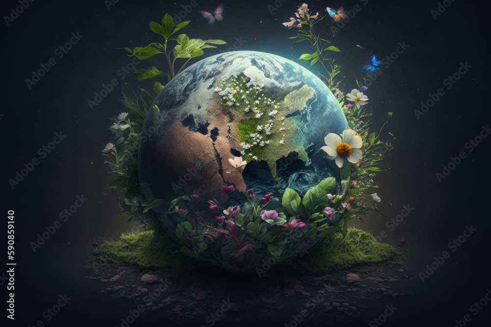 Obraz premium Día de la tierra, planeta tierra rodeado de naturaleza, flores rodeando el mundo, planeta verde, cambio climático, creado con IA generativa 