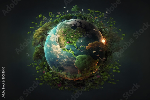 Día de la tierra, planeta tierra rodeado de naturaleza, flores rodeando el mundo, planeta verde, cambio climático, creado con IA generativa  © Loktor