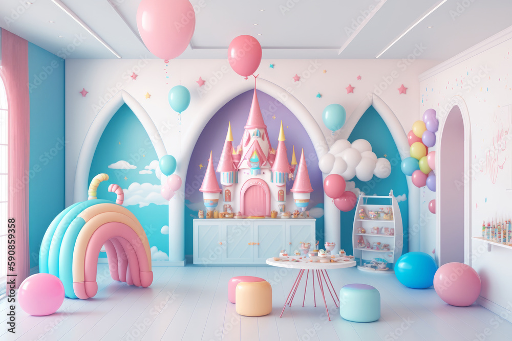 Fiesta infantil de princesas rosa aesthetic, fiesta inspirada en cuentos infantiles con globos y castillos, creado con IA generativa - obrazy, fototapety, plakaty 