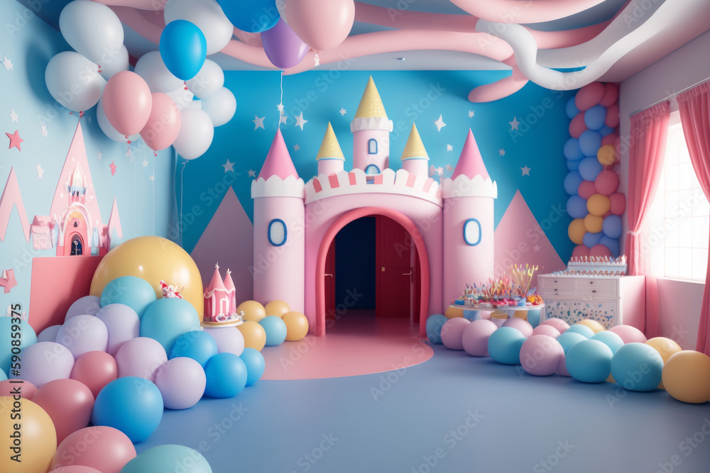 Fiesta infantil de princesas rosa aesthetic, fiesta inspirada en cuentos infantiles con globos y castillos, creado con IA generativa - obrazy, fototapety, plakaty 