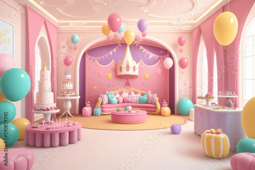 Fiesta infantil de princesas rosa aesthetic, fiesta inspirada en cuentos infantiles con globos y pastel, creado con IA generativa photo