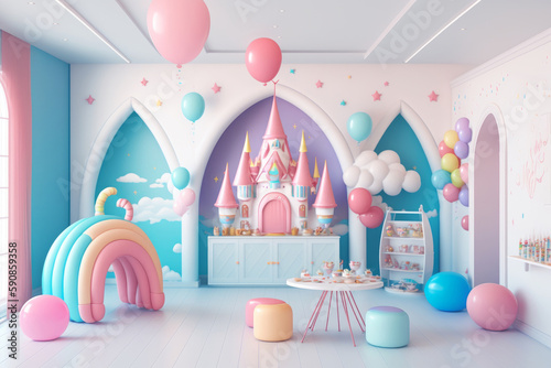 Obraz na plátne Fiesta infantil de princesas rosa aesthetic, fiesta inspirada en cuentos infanti