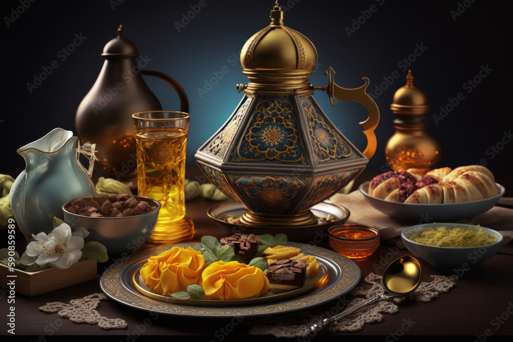 Celebración comida de Ramadán, oración con comida típica, creado con IA generativa Celebración comida de Ramadán, oración con comida típica, creado con IA generativa