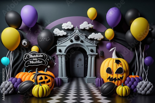 Fiesta de halloween, fiesta temática halloween globos de calabazas, creado con IA generativa