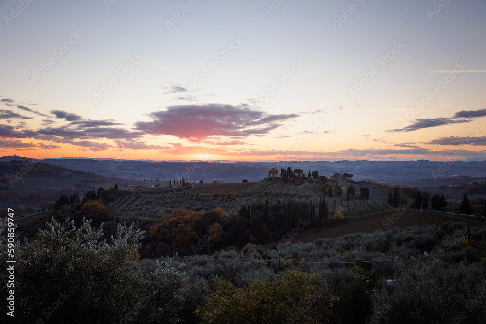 Tuscan hill at sunset