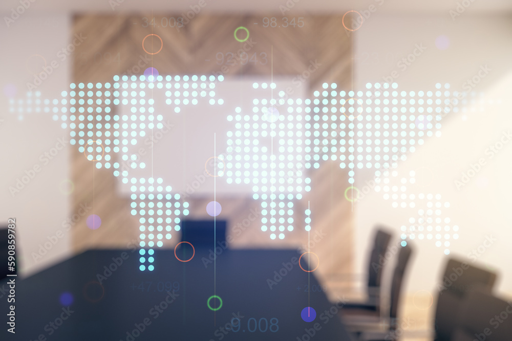 Multi exposure of abstract creative digital world map hologram on a modern meeting room background, research and analytics concept Multi exposure of abstract creative digital world map hologram on a modern meeting room background, research and analytics concept