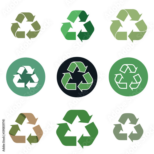 recycle symbol on green, pack of nine recycling symbols that refer to Reuse, Reduce and Recycle