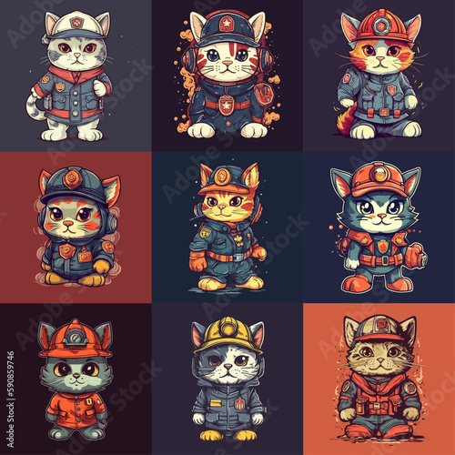 Fire cats. The cutest firefighters you've ever seen. Vector illustration. Generative AI