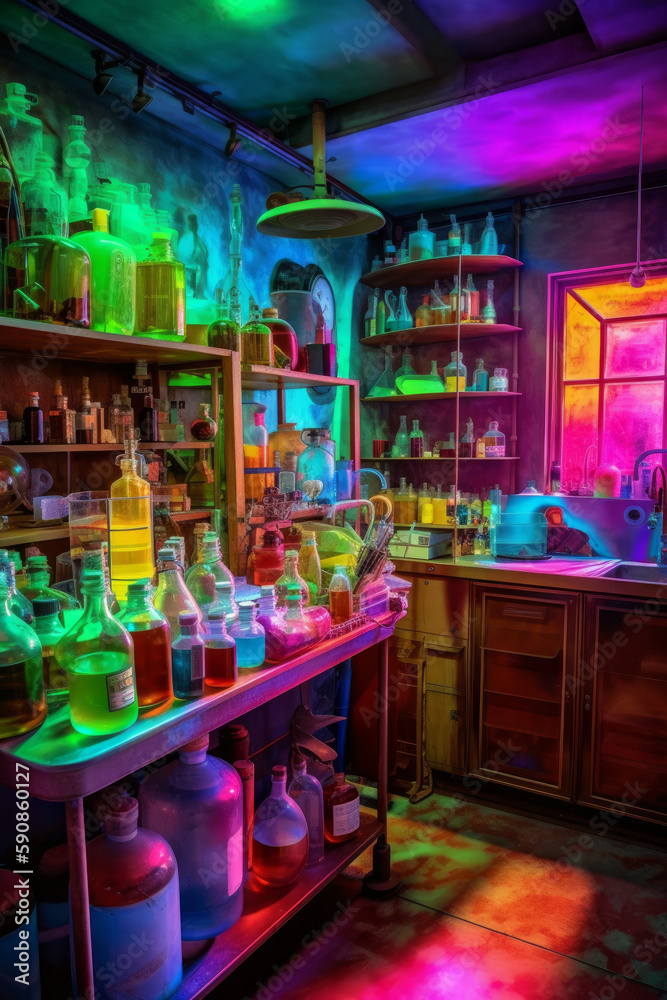 Laboratorio de científico loco, zona de experimentos de halloween, botellas de cristal con colores neón, creado con IA generativa