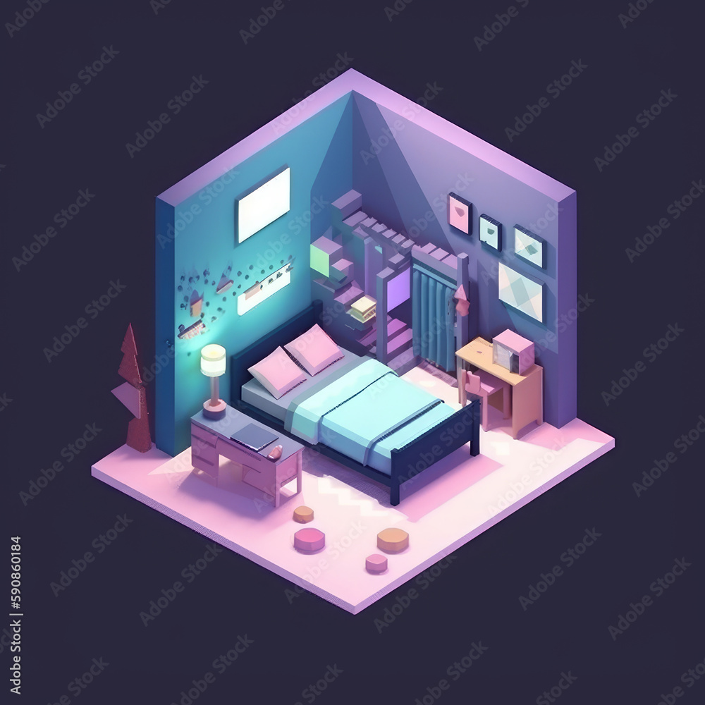 Habitación low poly isometrica aesthetic, cuarto pequeño 3d con luz RGB, dormitorio aesthetic, creado con IA generativa 