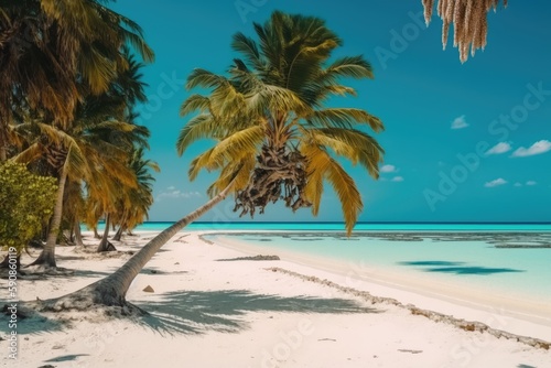 serene tropical beach with a single palm tree and crystal clear blue water. Generative AI