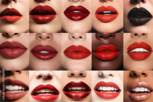 Beauty, fashion and make-up concept. Various women lips collage. Women with red lipstick. Generative AI