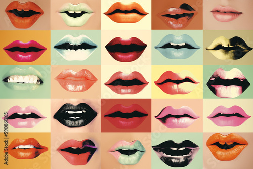 Beauty, fashion and make-up concept. Various women colorful lips collage. Vintage and grunge style. Fine-art and abstract illustrative art. Generative AI © Rytis