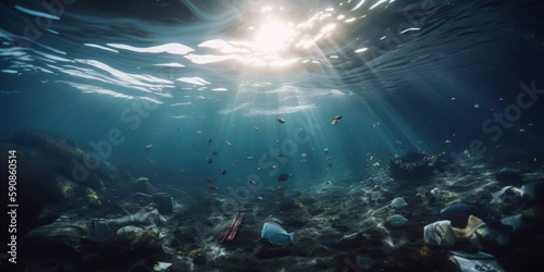 Fondo del mar contaminado con basura, plásticos en el océano, creado con IA generativa