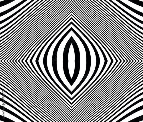 Line art optical art. Psychedelic background. Monochrome background. Optical illusion style. Black dark background. Modern pattern. Abstract graphic texture. Graphic ornament