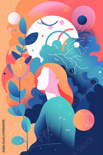Ilustración mujer pensando, salud mental, creado con IA generativa