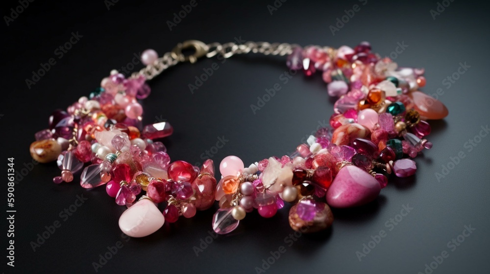 A necklace with a cluster of glittering gems in various shades of pink Generative AI