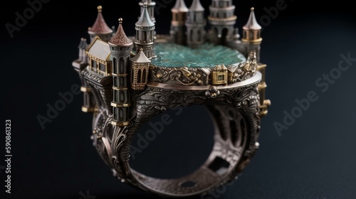 A ring with a miniature fairy tale castle, complete with turrets and a drawbridge Generative AI