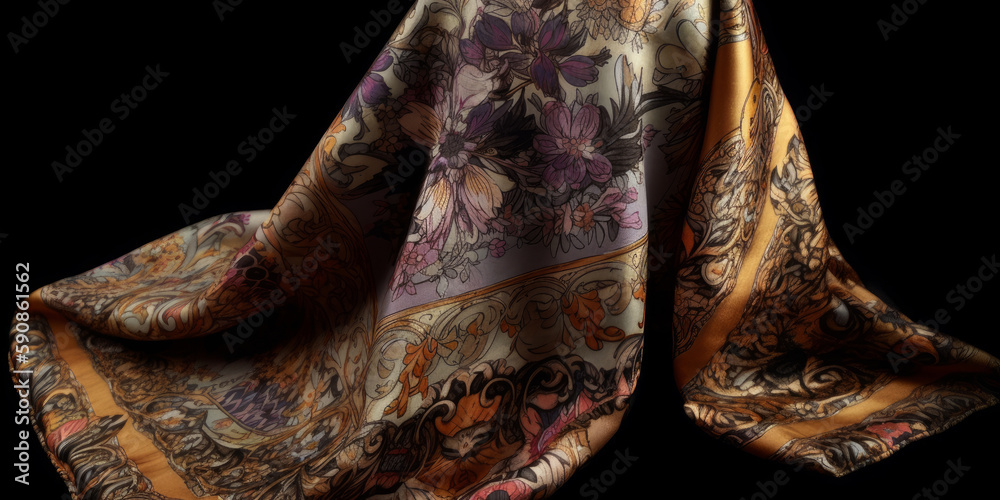 Tela de lujo, pañuelo de seda con estampado japones, creado con IA generativa