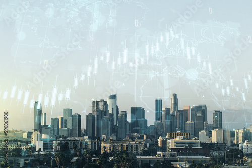 Double exposure of abstract creative financial chart hologram and world map on Los Angeles city skyscrapers background, research and strategy concept © Pixels Hunter