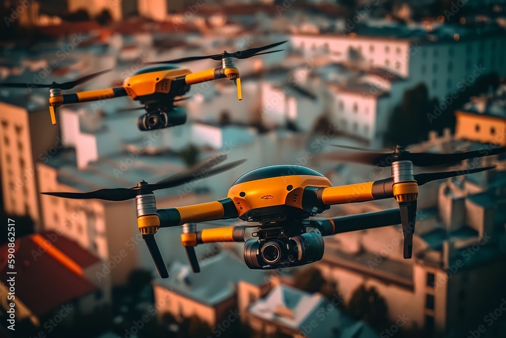 Drone in flight over the city. Quadcopters flying over the city. ai generated. Drone in flight over the city. Quadcopters flying over the city. ai generated.