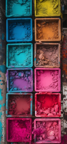 A colorful array of pigment powders, with rainbow, in the style of enchanting watercolors, light cyan and magenta, raw gorgeous colors, urban decay style.