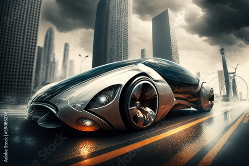 Coche de lujo futurista recorriendo la ciudad, creado con IA generativa © Loktor