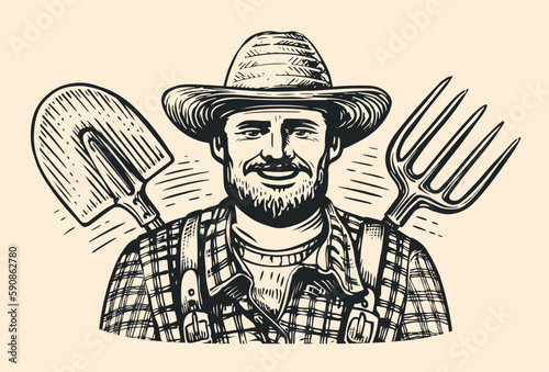 Happy farmer in hat with pitchfork and shovel in sketch style. Farm worker, vintage vector illustration