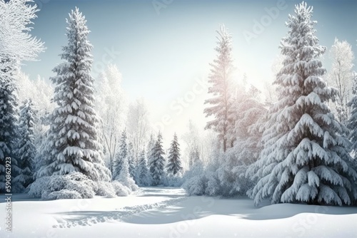 serene winter forest with snow-covered trees. Generative AI © 2rogan