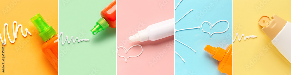 Set of sun protection creams on color background Set of sun protection creams on color background