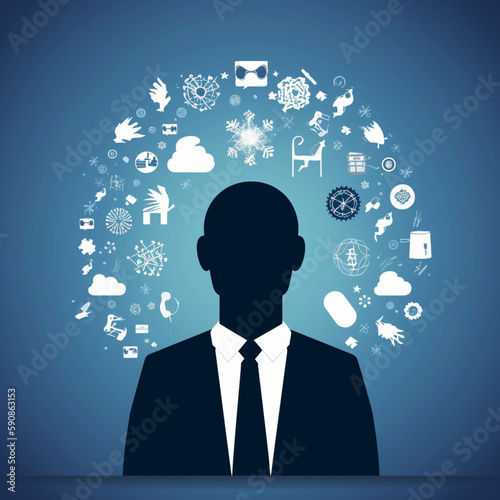 Icone de pessoa com icones sobre a cabeça, escolha, habitos, decisões criado com IA photo