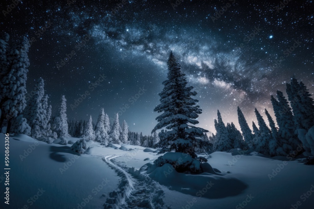 winter forest with a path leading to a starry night sky. Generative AI