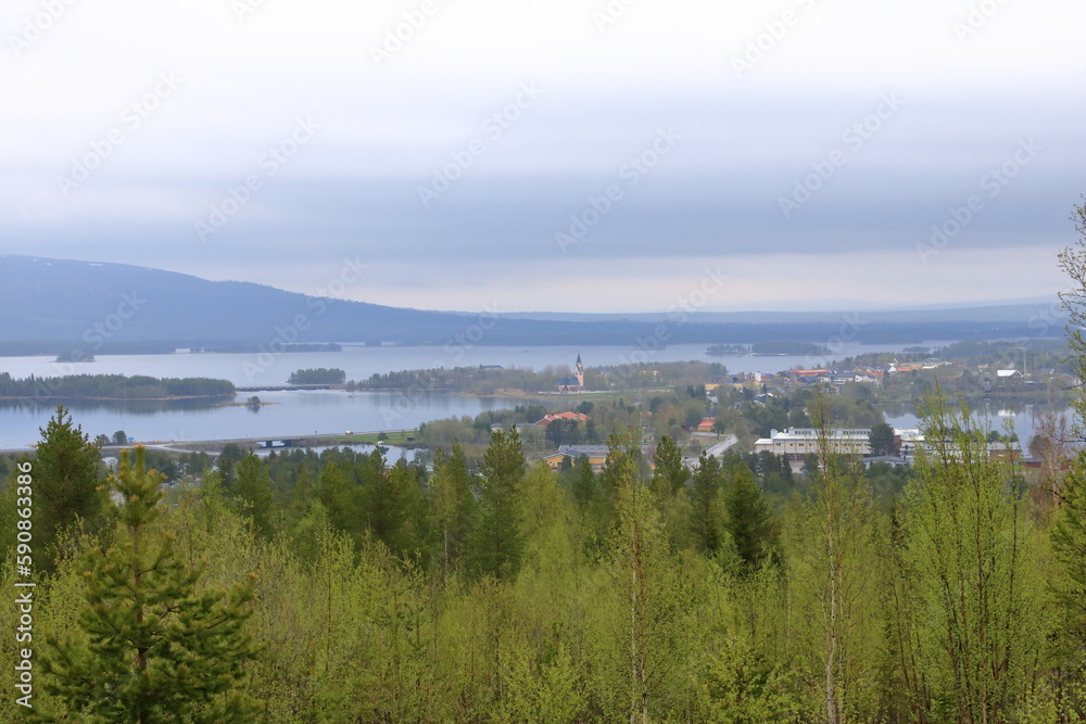 Idyllic water scenery by the lake Rappen in Arjeplog kommun, Norrbotten, Sweden